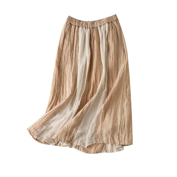 

Women Skirts Linen 2020 Spring Summer New Casual Loose Elastic Waist Brief Vintage A-line Pleated Patchwork Women Skirt