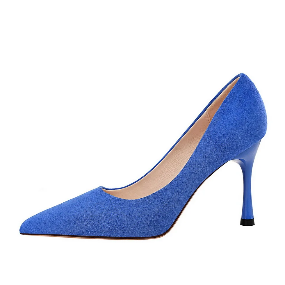 Женские замшевые туфли-лодочки на высоком каблуке 8,5 см; женские туфли на среднем низком каблуке; пикантные офисные туфли с острым носком; цвет синий, желтый