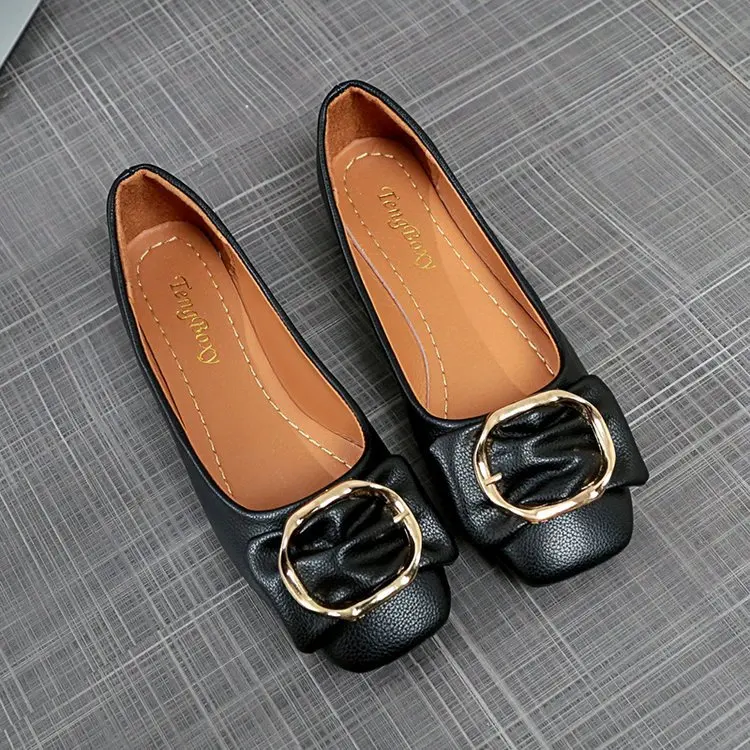 

2019 Spring New Style Korean-style Square Head Square Buckle Flat Keel Thin Shoes Shallow Mouth WOMEN'S Flat Shoes Side Scoop Bo