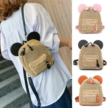 

30# Women Fashion 2019 New Straw Woven Zipper School Bag Kawaii Cartoon Style Mouse Ears Backpack Casual Bags
