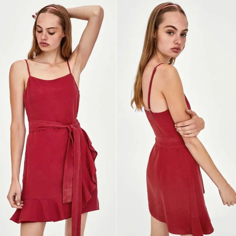 

2018 Summer New Style-Flounced Camisole Short Skirt of Belt off-Shoulder Cross Dress Women's J8550