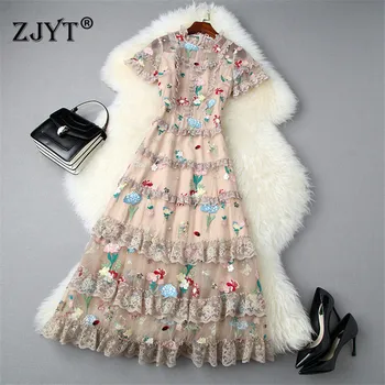 

High Quality Runway Dress Designers Women 2020 Summer Style Elegant Short Sleeve Ruffle Floral Embroidery Cake Mesh Party Dress