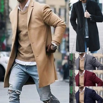 

2019 Winter Warm Men Street Long Jackets Coat Pockets Stylish Overcoat Plus Size M-3XL For 5 Colors