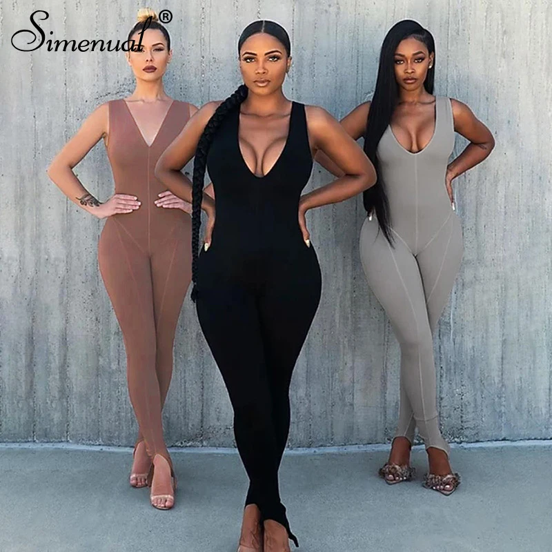 

Simenual V Neck Slit Casual Sporty Rompers Womens Jumpsuit Fitness Sleeveless Bodycon Workout Active Wear Fashion Jumpsuits 2020