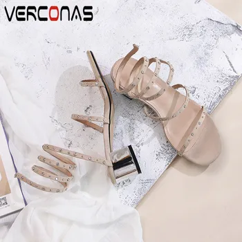 

VERCONAS Summer Prom Shoes Women Sandals Women Pumps Kid Suede Crystal Decoration Sweet Shoes Round Toe Sqaure Heel Shoes Woman