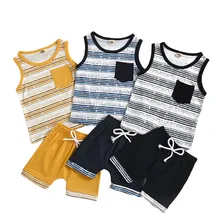 Ensembles de vêtements d'été pour bébés garçons, T shirts sans manches, poches rayées, hauts + Shorts, survêtements décontractés pour enfants de 1 à 5 ans