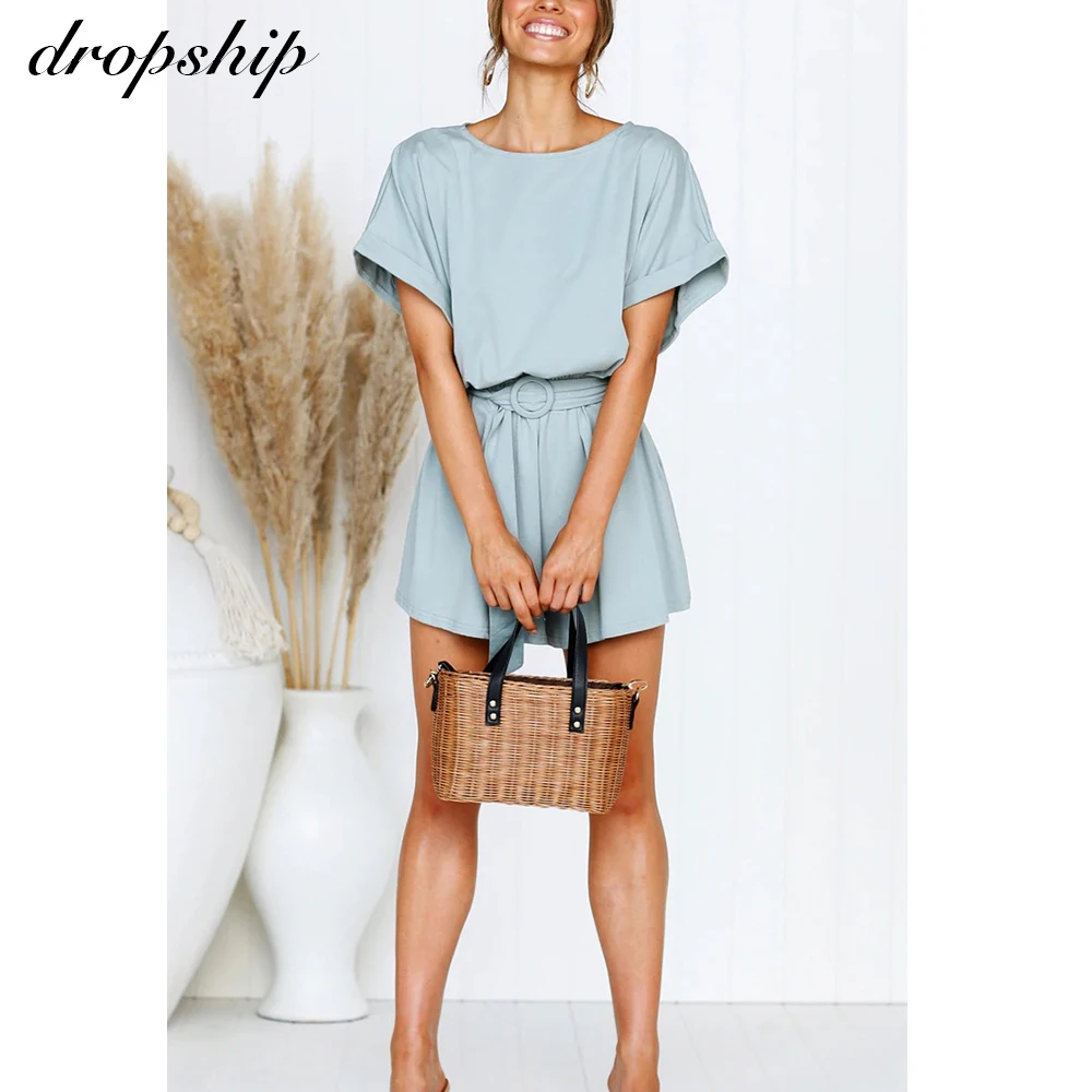 

Dropship Rompers Womens Jumpsuit Romper Women Overalls Neon Shorts 2019 White Black Sexy Bodycon Boho Short Sleeve O-neck Sashes