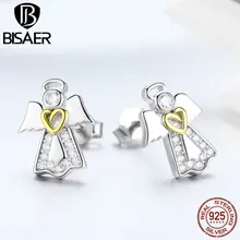 BISAER 925, серебряное кольцо, сердце, ангел-хранитель, висячие серьги для женщин, модное ювелирное изделие, золотой цвет, подарки на день Святого Валентина, GXE476