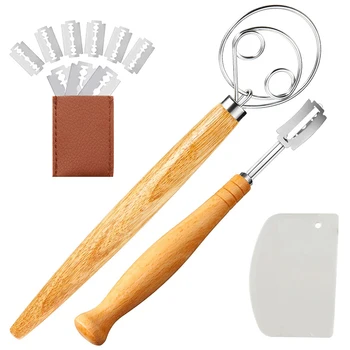 

13 Pieces Double Eye Danish Dough Whisk, Plastic Dough Scraper, Stainless Steel Long Bread Lame and Protective Cover