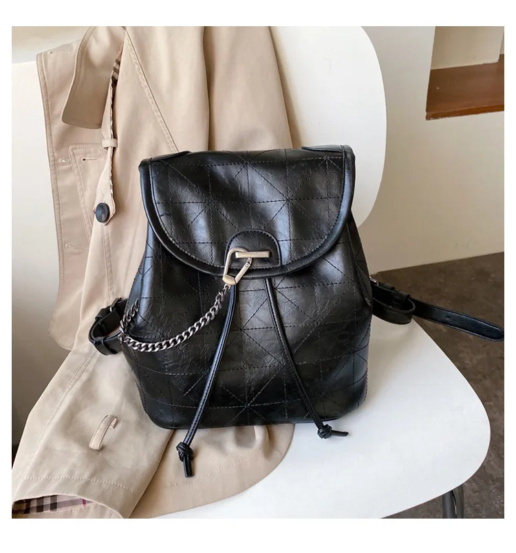 Women's Fashion Soft Leather Backpack With Chain Female Large Capacity Geometric Backpack Purse Girls Travel Bags Black Wine red (8)