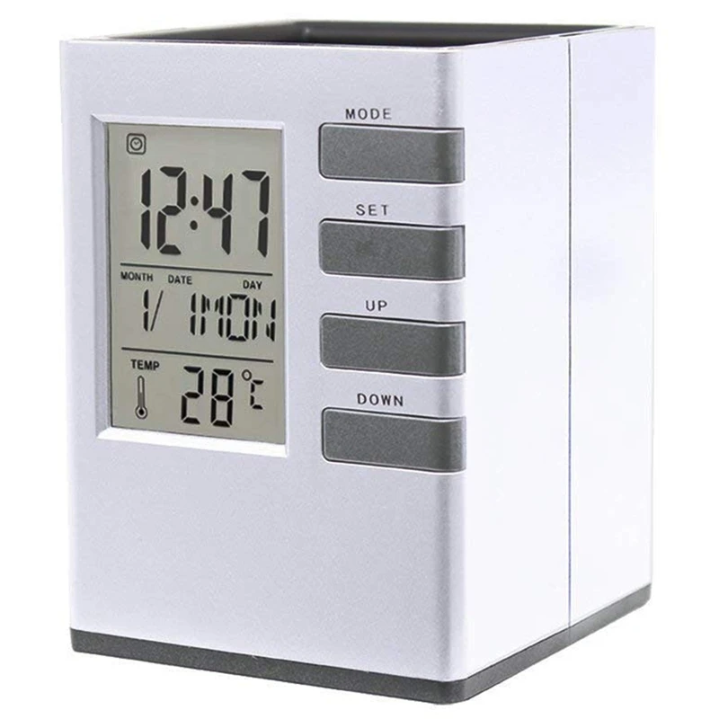 Word Alarm Clock with Pen Holder LED Time Temperature Display Battery Powered Silver