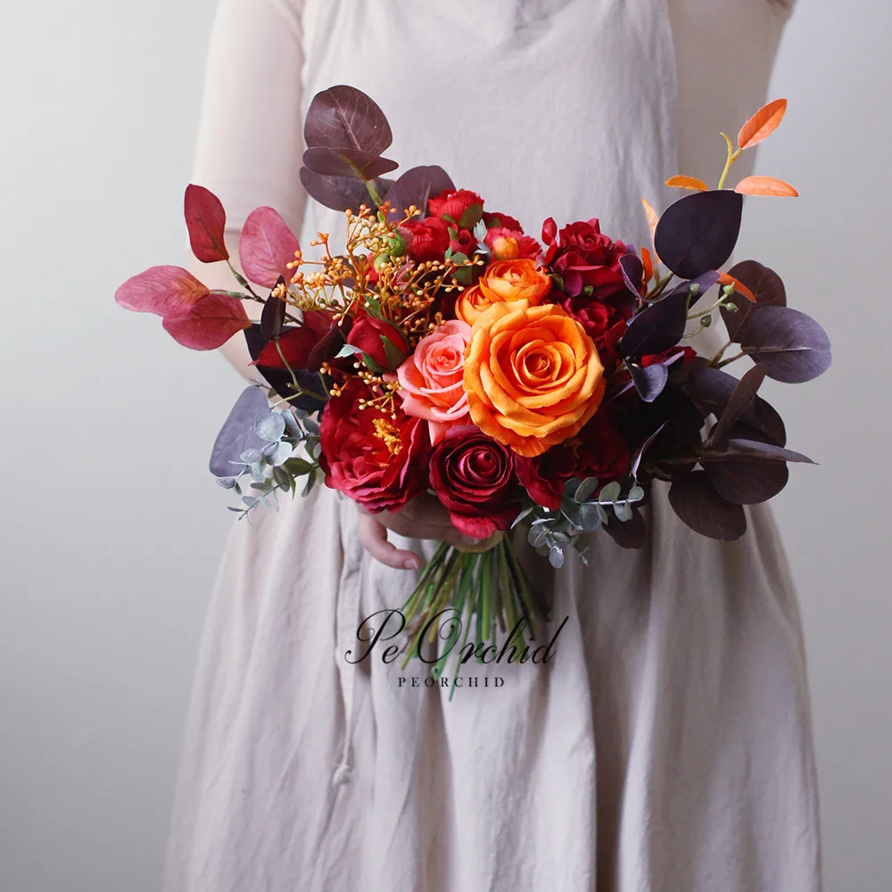 peorchid-orange-burgundy-rose-wedding-bridal-bouquet-vintage-artificial-mixed-color-bridesmaid-hand-hold-flowers-for-brides
