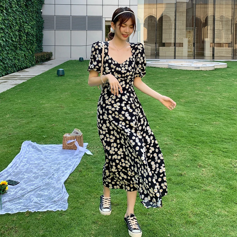 

Women Floral Long Black Chiffon Dress Summerr 2020 Runway Vintage Elegant Korean Party Dress Boho Tropical Beach Vacation Dress
