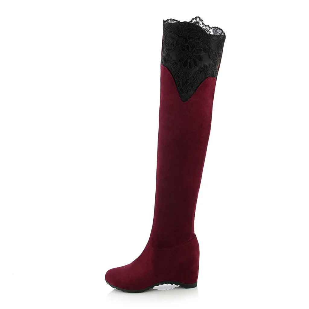 Модные женские зимние сапоги до бедра размера плюс; однотонные женские ботфорты на высоком каблуке; пикантные сапоги на шнуровке; теплая обувь - Цвет: Красный