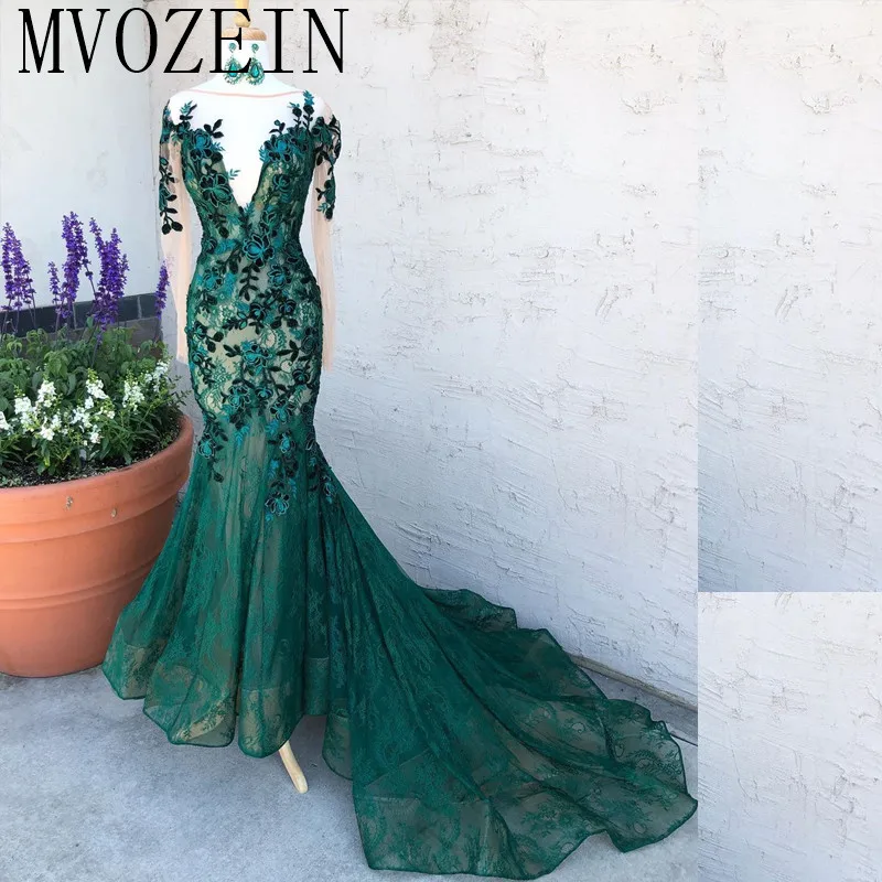 Vestidos Зеленые Вечерние платья Русалка с кружевной аппликацией 3D цветок Длинные