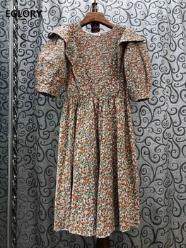 

100%Cotton Summer Dress High Quality Women Elegant Little Flower Print Ruffle Deco Short Sleeve Mid-Calf Yellow Orange Dress