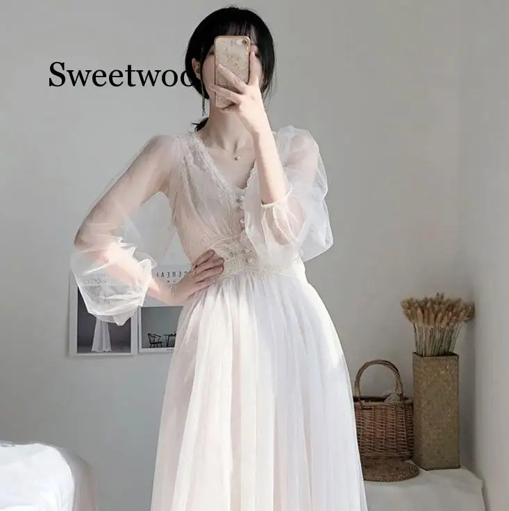 

Женское платье на пуговицах, элегантное весеннее платье-трапеция 2020, однотонное платье с пышными рукавами и V-образным вырезом, кружевная вуаль, сетка