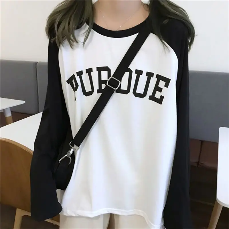

Women 2019 T Shirt Letter Print Patchwork Casual Loose Long Sleeve Autumn T Shirt Simple Tee Basic Warm Top