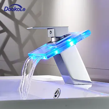 

Bathroom LED Light Basin Faucet, Waterfall Glass Spout 3 Colors Changes Sink Faucet, Cold and Hot Water Mixer Sink Tap