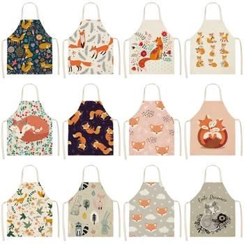 

Kawaii Fox Printed Sleeveless Aprons Kitchen Women Cotton Linen Animal Pinafore Home Cooking Baking Waist Bib 53*65cm WQL0159