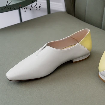 

Krazing Pot 2020 genuine leather square toe low heel mixed colors women pumps slip on elegant sweet brand dress spring shoes L51