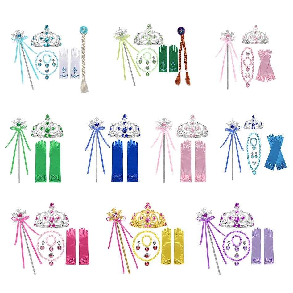 Princess Accessories Set Girls Anna Elsa Cospaly Crown Magic Wand Necklace Wig Gloves Earring Bracelet
