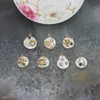 

5Pcs/lot,7 Kinds Choice Flat Round Baroque Pearl Pendant Earrings,Freshwater Pearl Micro Paved CZ Crafts Charms Jewelry Making