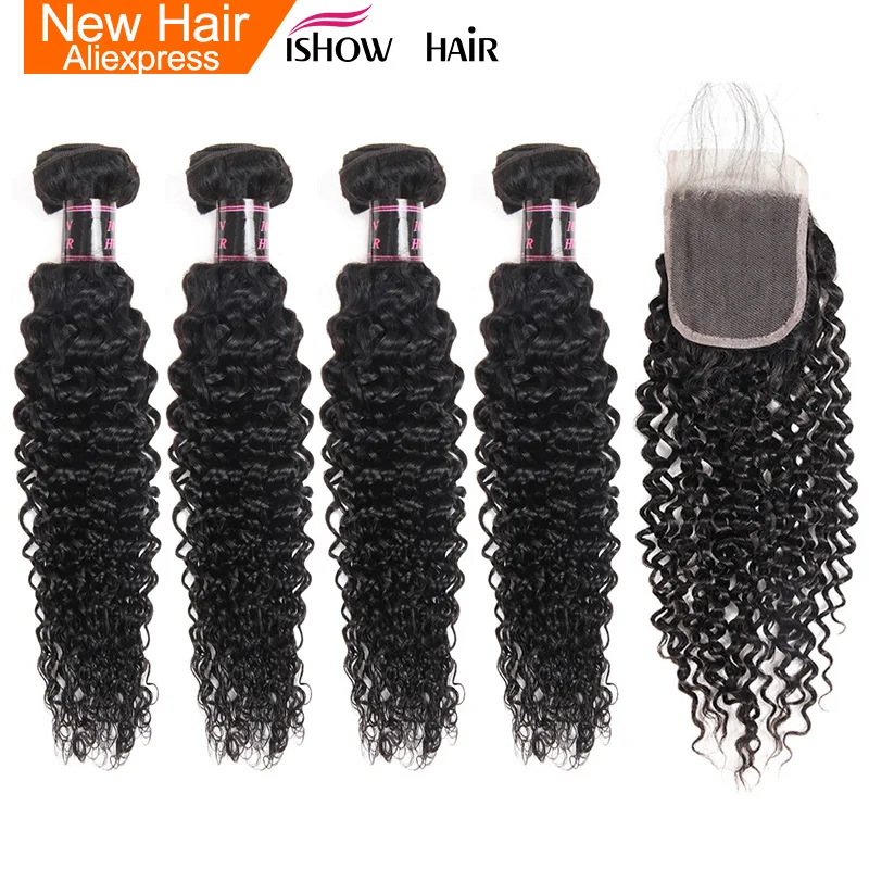 

Ishow Malaysian Kinky Curly Hair 4 Bundles With Closure Baby Hair Free Part 4pcs/Lot Human Hair Bundles With Closure Non Remy