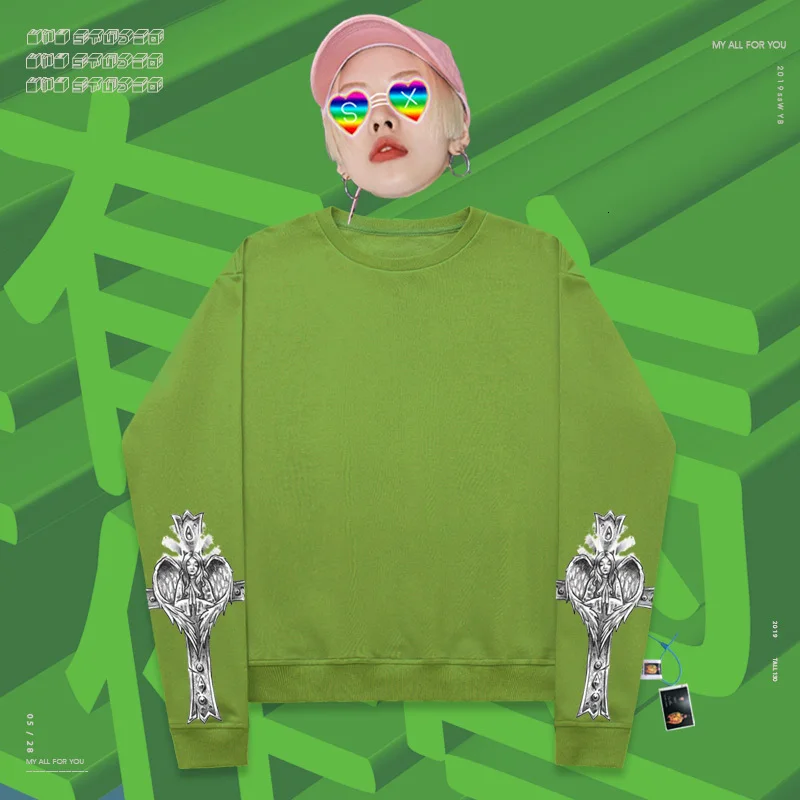Long-sleeved clothes rap slim handsome skateboard Stickers Ins heart shape Print Ins fashion silhouette oversize sisters - Color: Mint Green
