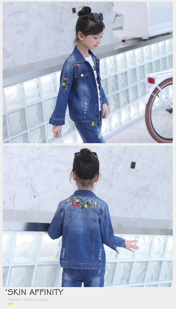 Fall Kids Garments Long Sleeve Denim Jacket Spring Set Outfit Embroidery Flower Design Jeans Girls Clothing Sets