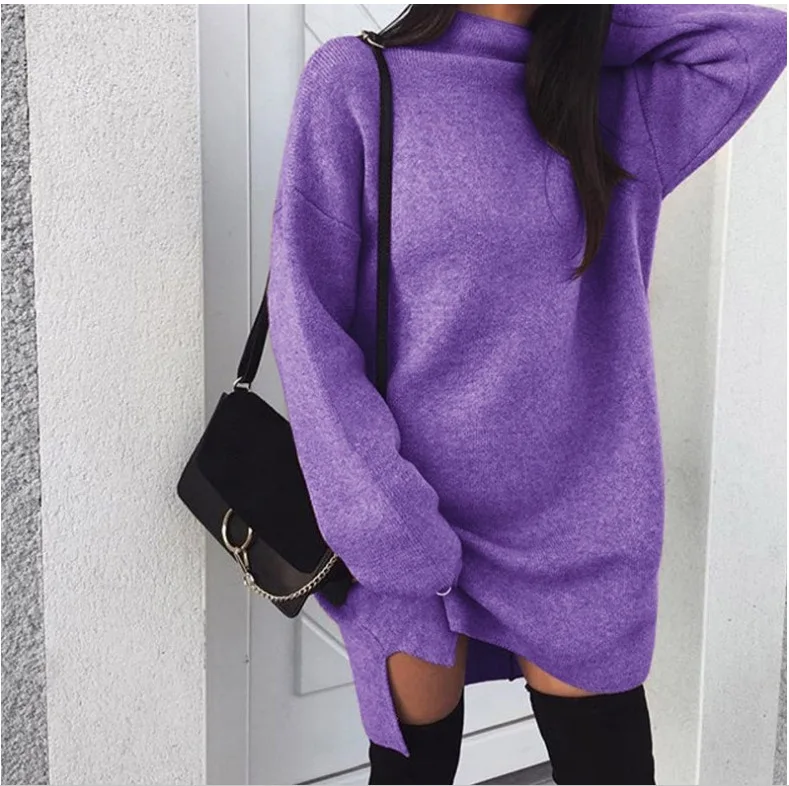 purple Сексуальные вязаные свитера, женские повседневные свободные ассиметричные платья, Осенние вязаные пуловеры с высоким воротом, красные серые черные синие свитера - Цвет: purple