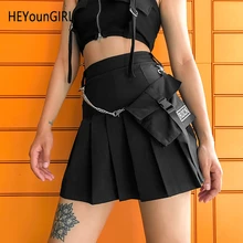 HEYounGIRL готика, Харадзюку черная плиссированная юбка юбки с высокой талией женские с цепочкой сумка Корейская мини юбка стимпанк уличная