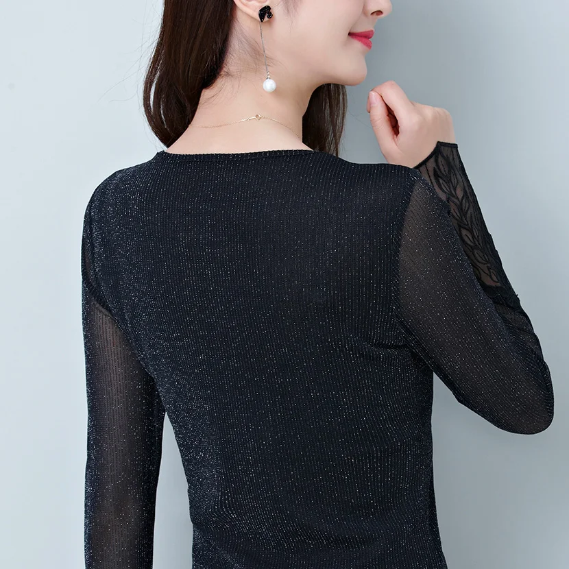 Blusas mujer de moda Осенняя Сетчатая футболка с длинными рукавами модная повседневная открытая Футболка женская рубашка большого размера Женская рубашка