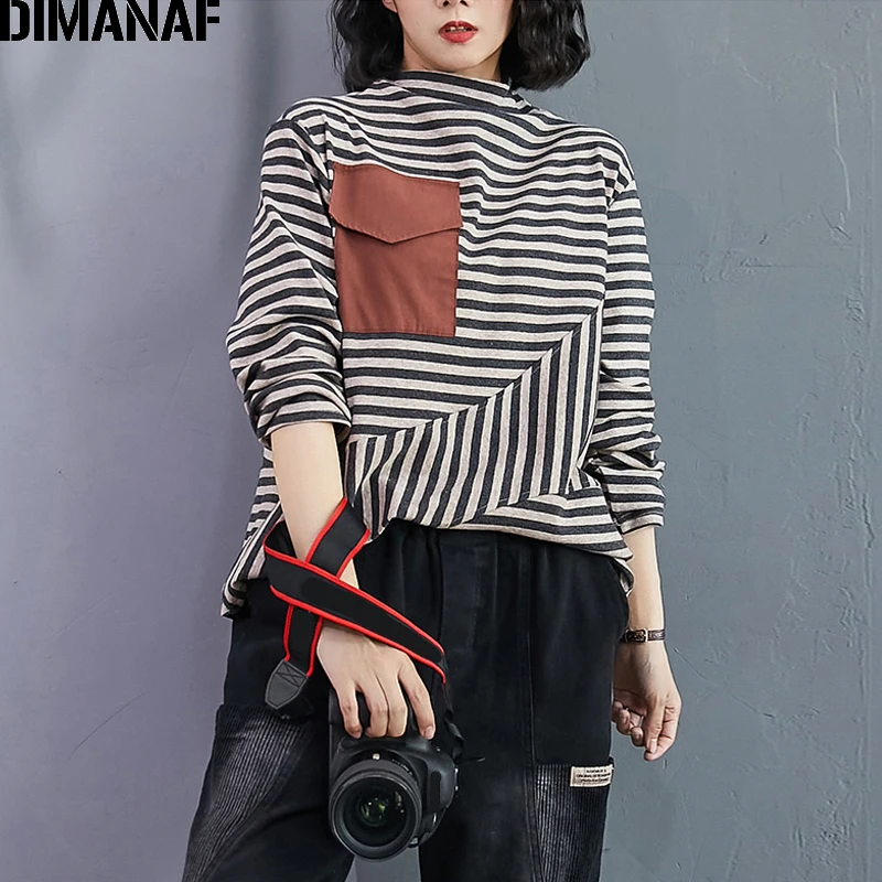 DIMANAF Plus Size Women T-Shirt Long Sleeve Tops Tunic Tees Striped Print Cotton Loose Autumn Winter tshirt Women Clothing M-2XL