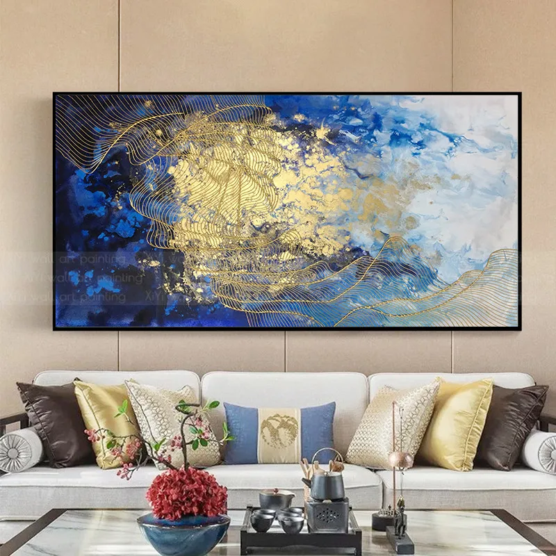 

Gold line abstract canvas painting blue wall art pictures for living room home decor original acrylic texture quadro caudro