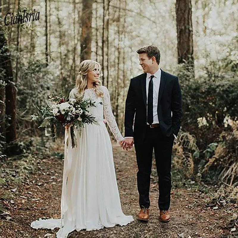 Vintage Dos Piezas De Encaje Superior Largo Vestido De Novia 2020 Manga Larga V Back Chiffon Pais Vestidos De Novia