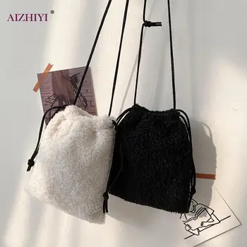 

Youth Ladies Simple Versatile Bag Casual Plush Drawstring Shoulder Bag Female Solid Plush Crossbody Money Purses