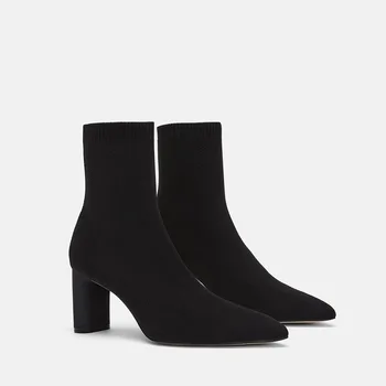 

2020 Autumn winter new female boot black pointed ankle boot thick heel ankle boot slimming elastic knitted woollen socks boots