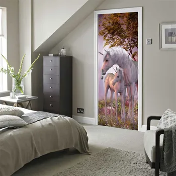 

White Unicorn Animals Door Sticker For Living Room Bedroom Horse Waterproof Vinyl Decor Decal Removable Self-adhesive Wallpaper