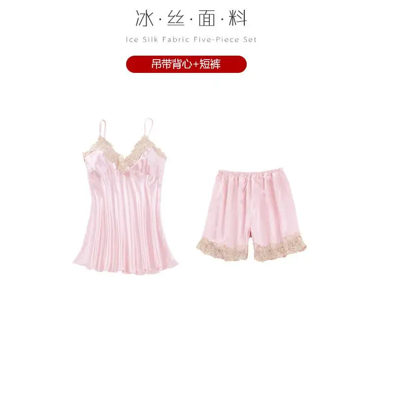 Женский Атласный халат, комплект из 5 предметов, комплект для сна, домашняя одежда для молодых девушек, интимное белье, летняя пикантная кружевная Пижама, женская одежда для сна - Цвет: 2PCS pink1
