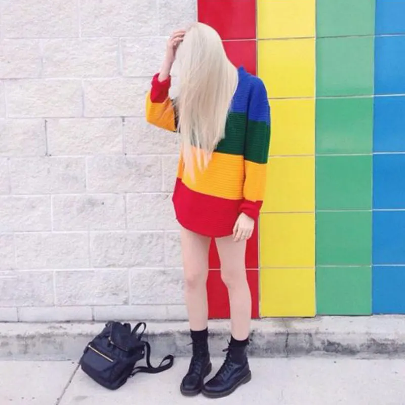 Цена Новинка 2019, Осенний женский свитер, длинный рукав, пэчворк, вязанный, Радужный, в полоску, пуловер, цветной, Sueter Mujer Invierno