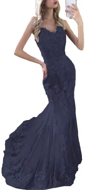 Paghetti Strap Mermaid Evening Dress Sweetheart  Vestido de noiva Zipper or Lace Up Summer Dress High Quality Lace Party Gowns Navy Blue
