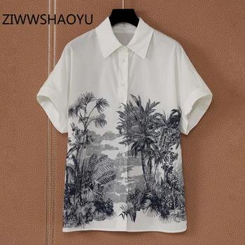 

ZIWWSHAOYU Autumn Female Fashion Casual Blouse Runway Designer Women Colorblock Tree Print Short Sleeve Shirt Tops 2020