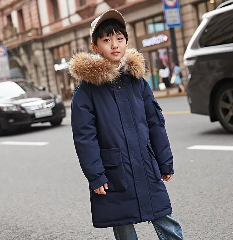 Коллекция года, пуховик для мальчиков плотная теплая Модная Длинная модель, детские парки на утином пуху, пальто Детская верхняя одежда с мехом для подростков на холодную зиму - Color: Blue