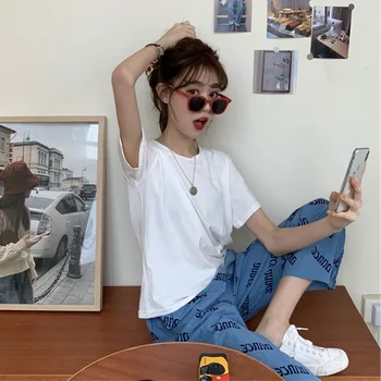 

YZY Summer Wear Black and White Classic Style Short Sleeve Solid Color T-shirt Women's Korean-style Base