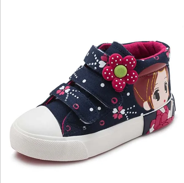 New Children Girls Canvas Shoes Floral Cute Bow Printed Kids Lace Up Sneakers Breathable Baby Kids Girls Shoes Size 25-37 - Цвет: Синий