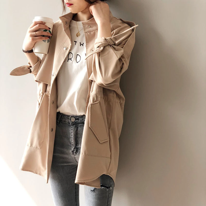 Fashion Trench Coats Female Spring Windbreaker Drawstring Coats Casual Loose Stand Collar 2020 Women Short Trench autumn FY119