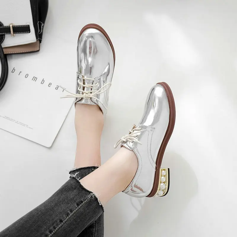 Gold Silver Women Shoes Vintage British Wind Round Head Lace-up Pearl Thick Heel Patent Leather Women's Single Shoes