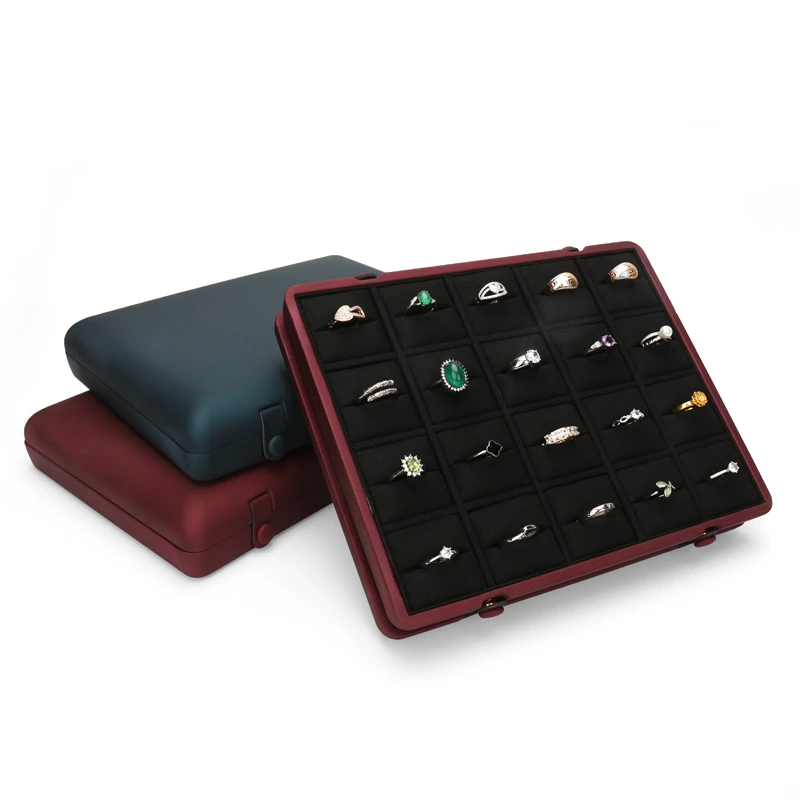New Listing 12 Cells Retro Red Concealed Button PU Leather Jewelry Ring Pendant Display Tray For Organizer Holder Rack Stand