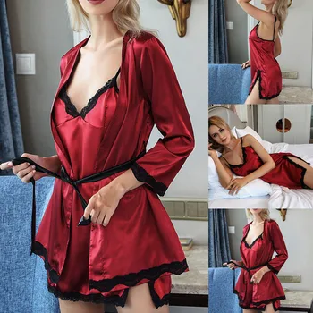 

New 3PCS Sexy Lingerie for Women Lace Satin Wireless Bra Camisole Shorts Pajamas Sleepwear Stripe Robe Female Nightwear Pajamas